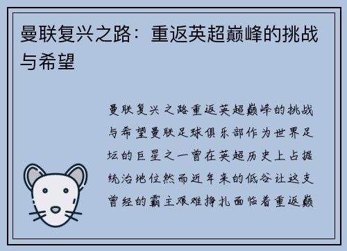 曼联复兴之路：重返英超巅峰的挑战与希望