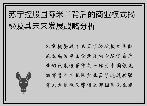 苏宁控股国际米兰背后的商业模式揭秘及其未来发展战略分析 苏宁控股国际米兰背后的商业模式揭秘及其未来发展战略分析