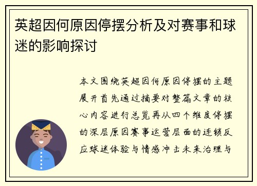 英超因何原因停摆分析及对赛事和球迷的影响探讨