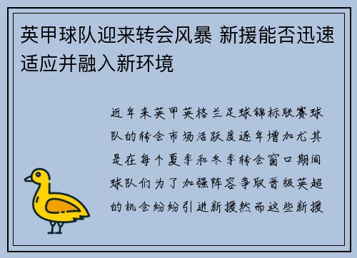 英甲球队迎来转会风暴 新援能否迅速适应并融入新环境